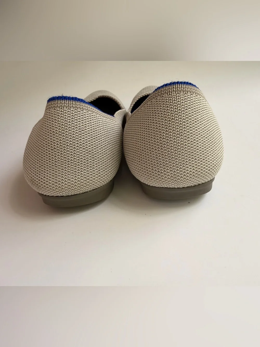 Rothy’s The Flat Flax Light Gray Knit Ballet Flats Blue Halo Trim Size 7.5 EU 38